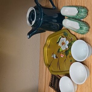 Tea Time-mini Teapot/saki Adian tray, 2 Mandarin Chinese ashtrays, & 3 cups.